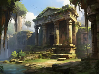 Lost in the rainforest, ancient temple ruins merge with fictional jungle landscapes.