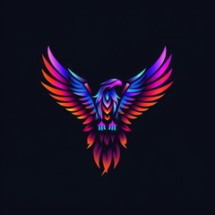 Obraz premium Phoenix Fire BIrd Abstract Vibrant Neon Colorful Logo Design on Isolated Black Background - Graphic Design Element