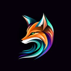 Fox Head Abstract Vibrant Neon Colorful Logo Design on Isolated Black Background - Graphic Design Element