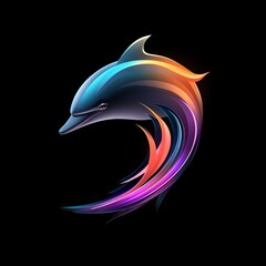 Dolphin Abstract Vibrant Neon Colorful Logo Design on Isolated Black Background - Graphic Design Element