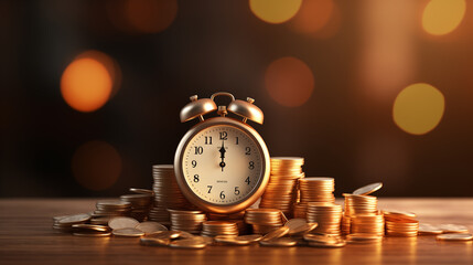 clock with gold coins, time is money concept, importance of time, Success Strategy Planning - obrazy, fototapety, plakaty