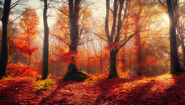 Majestic autumn trees in the forest glow in sunlight. Red autumn leaves. Dramatic morning scene