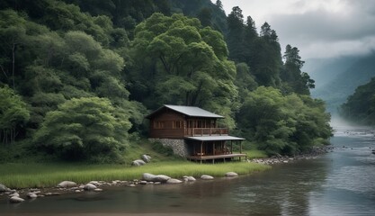 Fototapeta na wymiar a cabin sits on the banks of a river surrounded by trees, green forested hills. Generative AI.