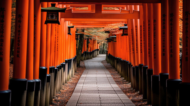 A captivating pathway lined with vibrant orange torii gates, offering a spiritual journey at a Shinto shrine in Japan. © MeandMy.Ai