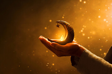 Hands of young asian muslim man holding shiny golden crescent moon with star lantern, with glitter and sparkle effect - 739688725
