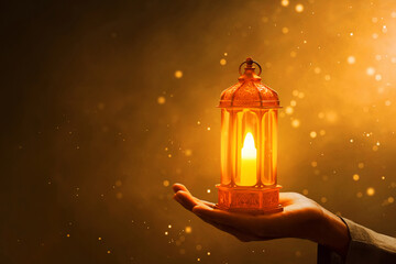 Hands of young asian muslim man holding shiny arabic lantern, with glitter and sparkle effect - 739688750