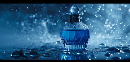 A captivating perfume bottle against a deep blue setting, embellished with water droplets to evoke a sense of freshness, providing an elegant space for a logo and tasteful inscription.