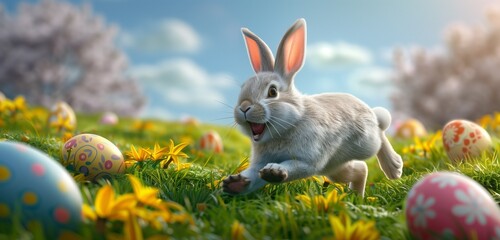 A jubilant Easter hare energetically rushing towards the Easter festivities, the lively moment beautifully captured in high definition with vibrant colors and laughter.