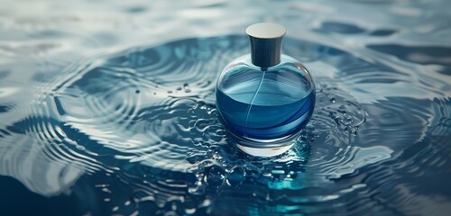 An exquisite fragrance bottle showcased against a vibrant blue backdrop, adorned with water droplets that enhance the visual appeal, presenting a sophisticated canvas for a logo and stylish inscriptio