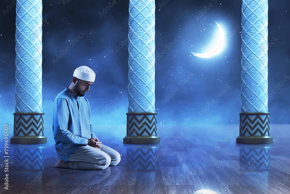 Wall mural young asian muslim man with beard praying in the mosque door arch at beautiful blue night sky with s