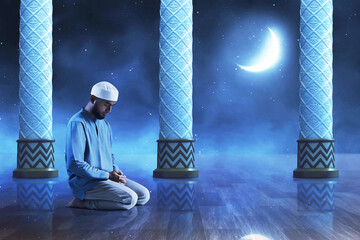 Young asian muslim man with beard praying in the mosque door arch at beautiful blue night sky with stars and crescent moon