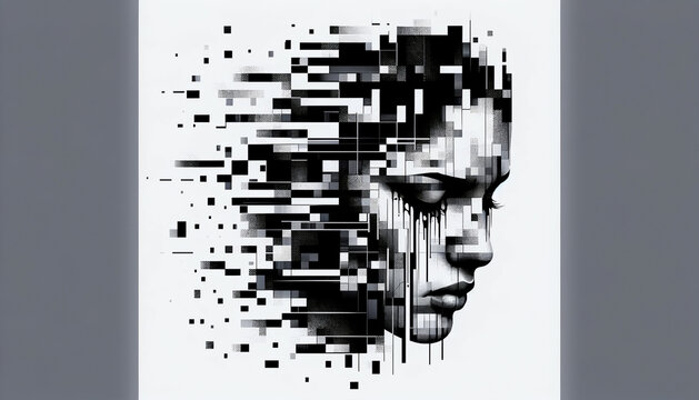 A digital art piece featuring fragmented images of a person's face in sad mood