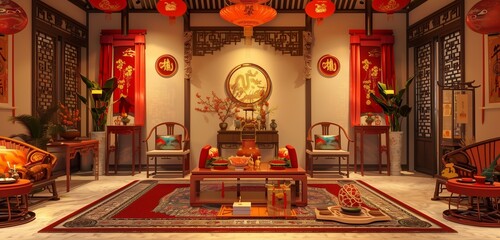 A captivating image of a living room transformed into a festive haven for Chinese celebrations, showcasing meticulous decorations, cultural nuances, and a warm, inviting atmosphere,