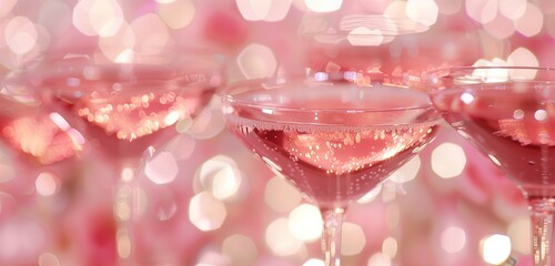 An elegant composition featuring close-up shots of pink rose champagne glasses, set against a backdrop of dreamy bokeh lights, the sparkling details and refined ambiance captured in high definition.