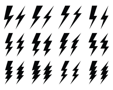 Black icons of thunder lighting on a white background