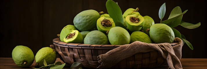 Rustic Wooden Basket Overflowing with Ripe Feijoas Against Colorful Backdrop