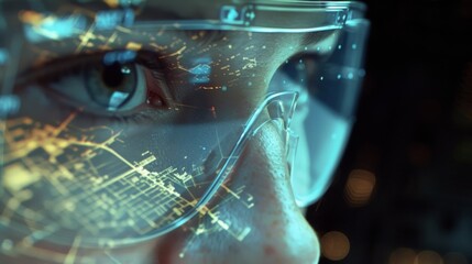 A closeup of a passengers face transfixed by a holographic projection of their flight path overlaid on an interactive map of the airport. - obrazy, fototapety, plakaty