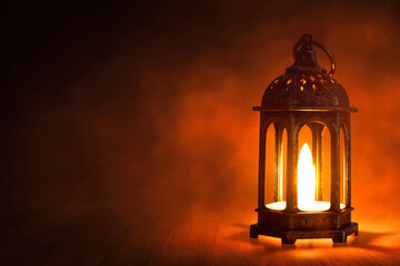 Shiny arabic lantern on wooden floor at night, Ramadan kareem background - 739692156