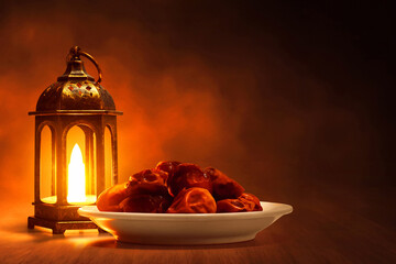 Shiny arabic lantern and bowl of fresh dried dates on wooden floor at night, Ramadan kareem background - 739692337