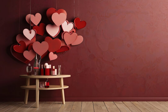 Captivate with Valentine's Day banner. Romantic red wall backdrop adorned with heart shapes, ideal for love-themed designs.