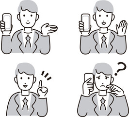 スマートフォン スーツ　ビジネスマン　男性　人物　シンプル　ベクター　イラスト素材セット