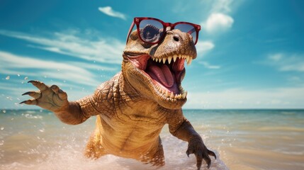 Experience the intensity of an dinosaur leaping onto the beach in a stunning close-up photo, Ai...