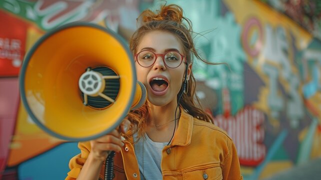 Chic brunette lady yelling over the speakers, announcing Black Friday's last-day deals and discounts