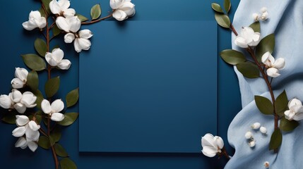 Sophisticated blue invitation card mockup framed by white flowers. Ai Generated