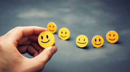 Hand choosing a paper cut with a happy smile face, positive feedback, and a good rating. Ai Generated