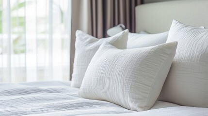 Fototapeta na wymiar Close-up of bed pillow. Stylish interior element, Ai Generated.