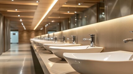 Contemporary interior, sink basin faucet, and urinals in neat alignment. Upscale design, Ai Generated. - obrazy, fototapety, plakaty