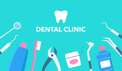 Fototapeta na wymiar Dental Banner Background Concept vector illustration. Dentistry, Orthodontics. Healthy clean teeth. Dental instruments and equipment.