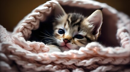 A sleepy kitten curled up in a cozy blanket basket, its large eyes barely open as it drifts off to sleep.