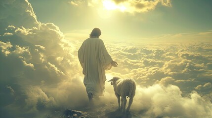 Jesus Christ with a white lamb walks on the clouds in the sky, Easter biblical resurrection story, AI generated - obrazy, fototapety, plakaty