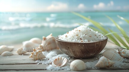 A bowl of raw sea salt with various sea shells and sea horns around of it with a sea backdrop, Generative AI. - obrazy, fototapety, plakaty