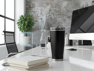 Custom tumbler design, showcased in a personalized workspace for unique branding