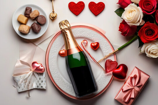 Evoke romance with a Valentine's Day dinner concept featuring a beautifully set table, wine, champagne, gift box, and candies. Perfect for Valentine's Day banners and cards.
