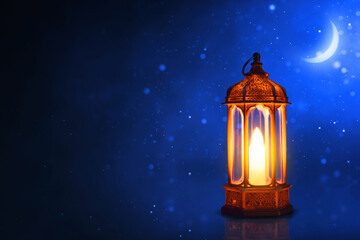 Shiny arabic lantern with glitter and sparkle effect  at blue night sky with stars and crescent moon, Ramadan kareem background