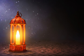 Fototapeta na wymiar Shiny arabic lantern with glitter and sparkle effect in empty desert sand at night, Ramadan kareem background