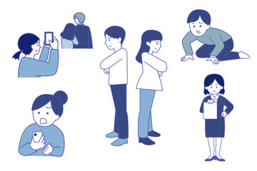 男女の離婚、揉め事、不倫、浮気のシンプルイラストセット