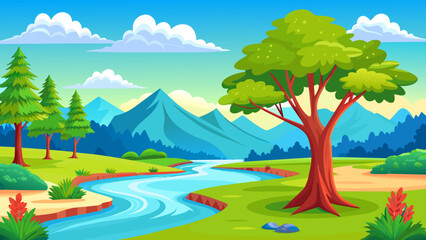 Summer landscape, riverbank and tree