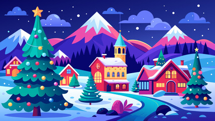 Fototapeta na wymiar Festive winter landscape with a village and decorations