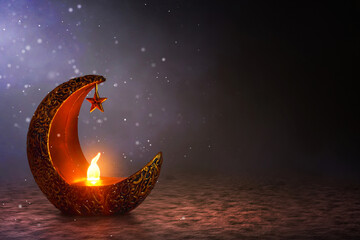 Shiny golden crescent moon with star lantern, with glitter and sparkle effect in empty desert sand at night, Ramadan kareem background - 739695139