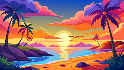 Tropical summer sunset, vector cartoon island landscape