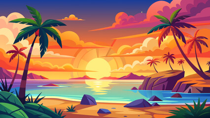 Fototapeta na wymiar Tropical summer sunset, vector cartoon island landscape