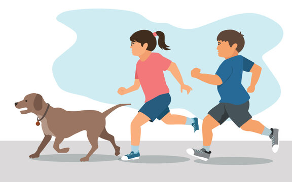 Little girl  and boy running with dog. Child exercising with pet in nature, healthy active lifestyle of children, friendship of animals and humans.