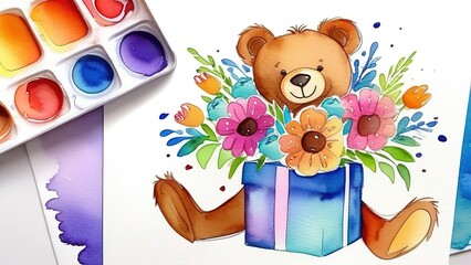 Watercolor illustration of a teddy bear with a bouquet of flowers, Cute children's illustration for Birthday Greeting Cards, Mother's Day, Valentine's Day , children's posters,