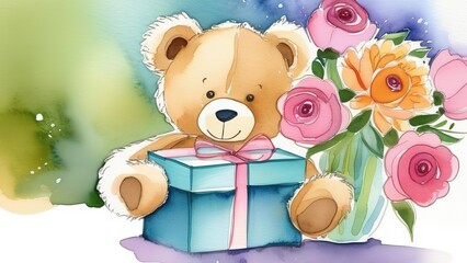 Watercolor teddy bear with a bouquet of flowers, Cute children's illustration for Birthday Greeting Cards, Mother's Day, Valentine's Day , children's posters,
