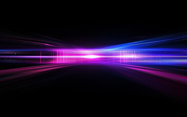 Fototapeta na wymiar Blue and violet beams of bright laser light shining on black background