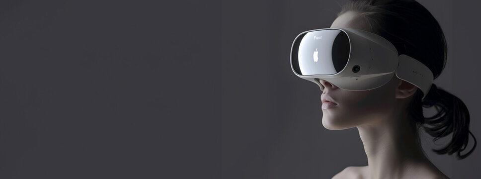 Female Model put on the VR technology headset, artificial intelligence testing, vision pro